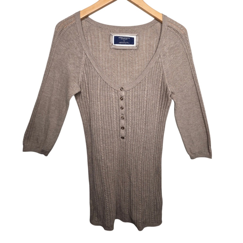 Vintage American Eagle Womens Taupe Cotton Cable Knit Henley SZ L Bella Swan Y2K